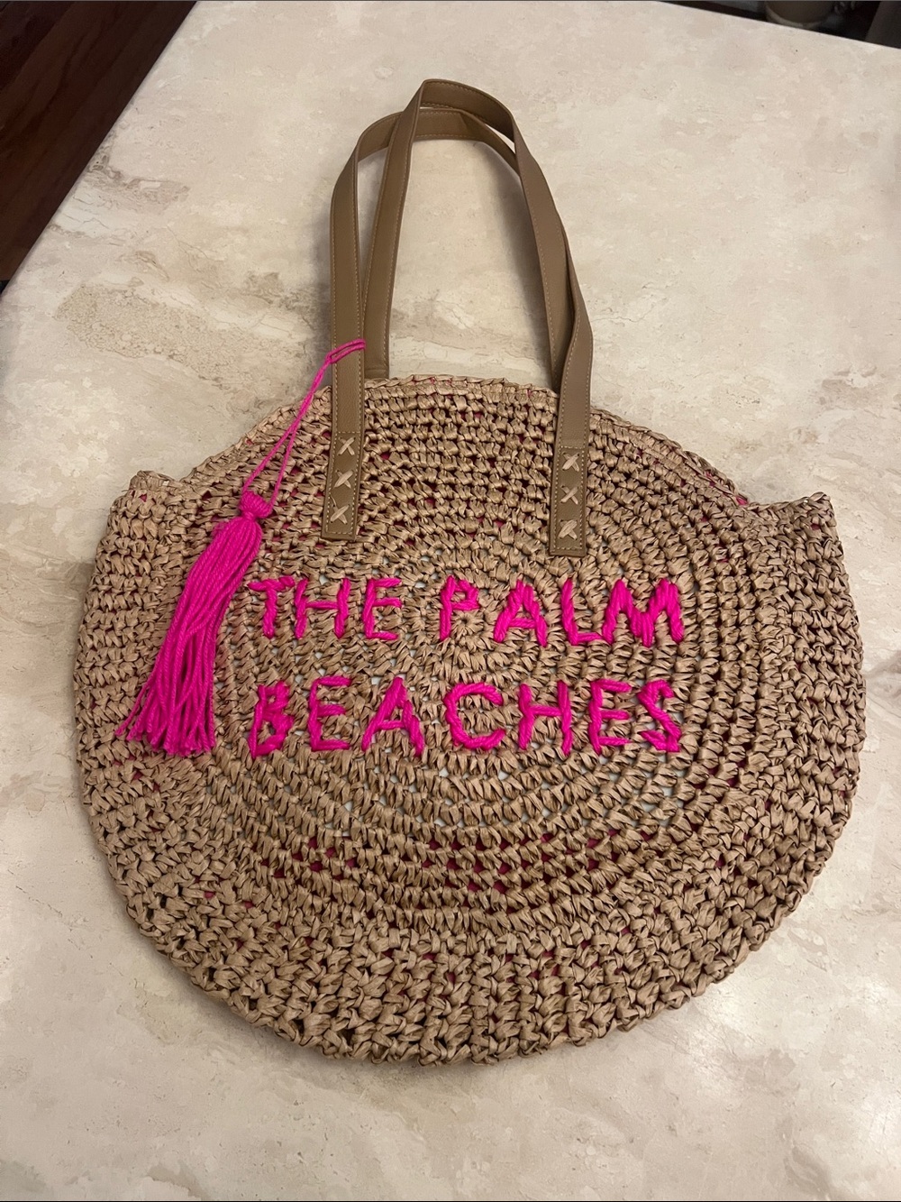 Hand Woven Round Tote Bag with Pink 'The Palm Beaches' Embroidery House of Perna